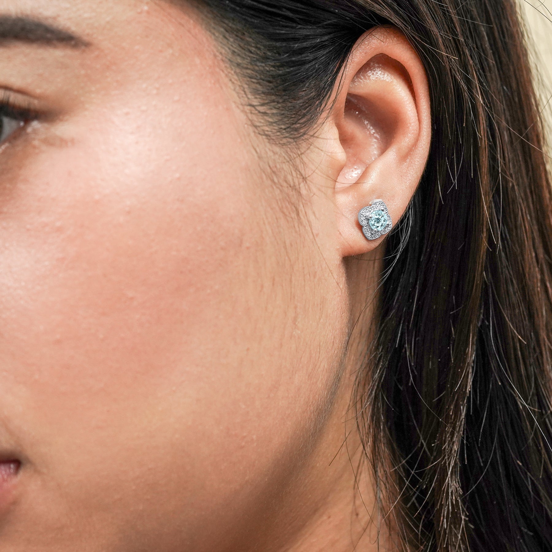 1 carat Beautiful Flower Halo Round Shaped - SWAROVSKI Aquamarine - March Birthstone Stud Earrings in 18K White Gold over Silver