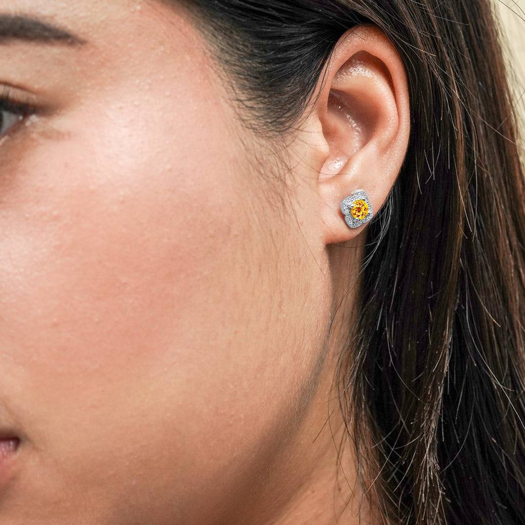 1 carat Beautiful Flower Halo Round Shaped - SWAROVSKI Citrine - November Birthstone Stud Earrings in 18K White Gold over Silver