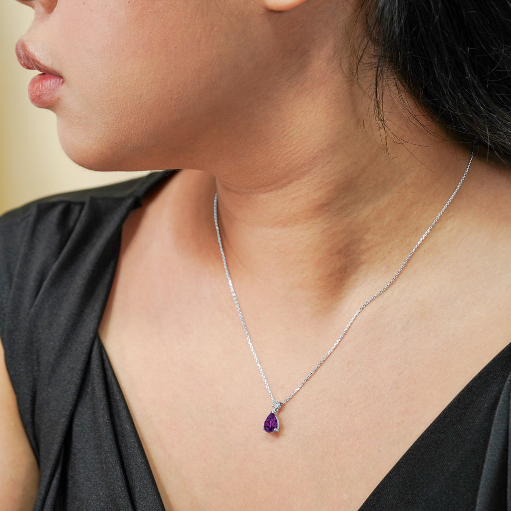 Classic 1.75 Carat Round and Pear Cut Dangle - SWAROVSKI Amethyst - February Birthstone Pendant Necklace in 18k White Gold over Silver, Women