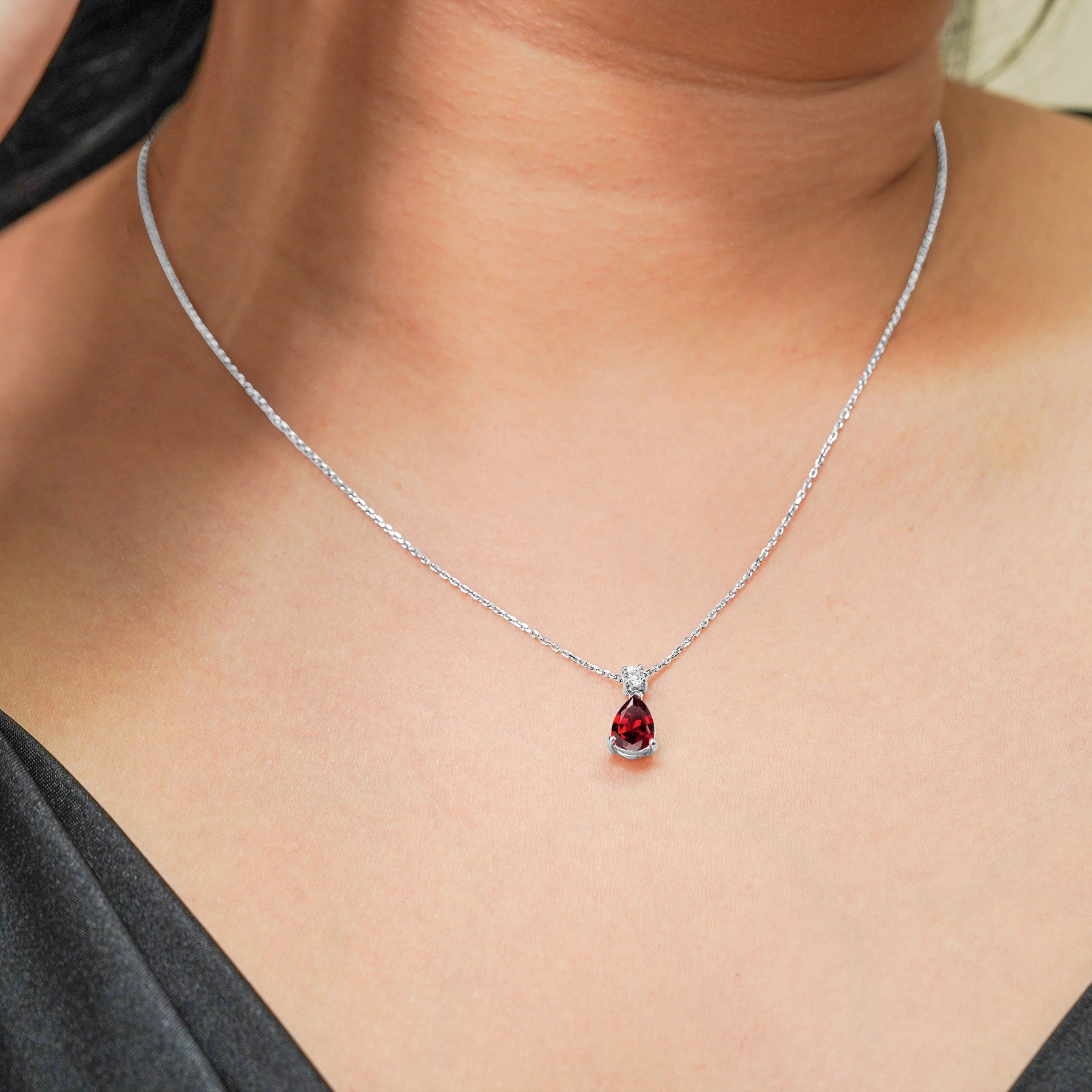 Classic 1.75 Carat Round and Pear Cut Dangle - SWAROVSKI Garnet - January Birthstone Pendant Necklace in 18k White Gold over Silver, Women