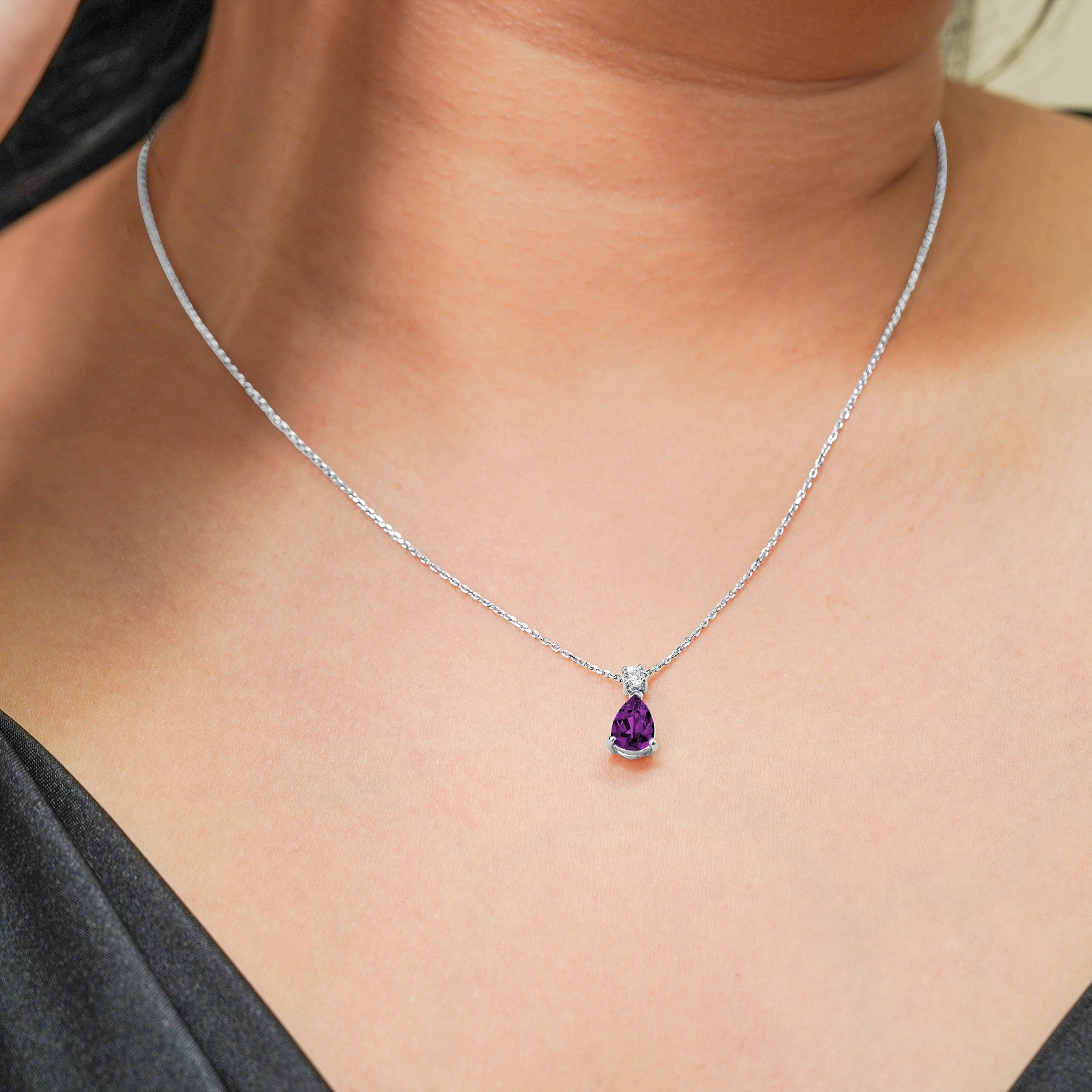 Classic 1.75 Carat Round and Pear Cut Dangle - SWAROVSKI Amethyst - February Birthstone Pendant Necklace in 18k White Gold over Silver, Women