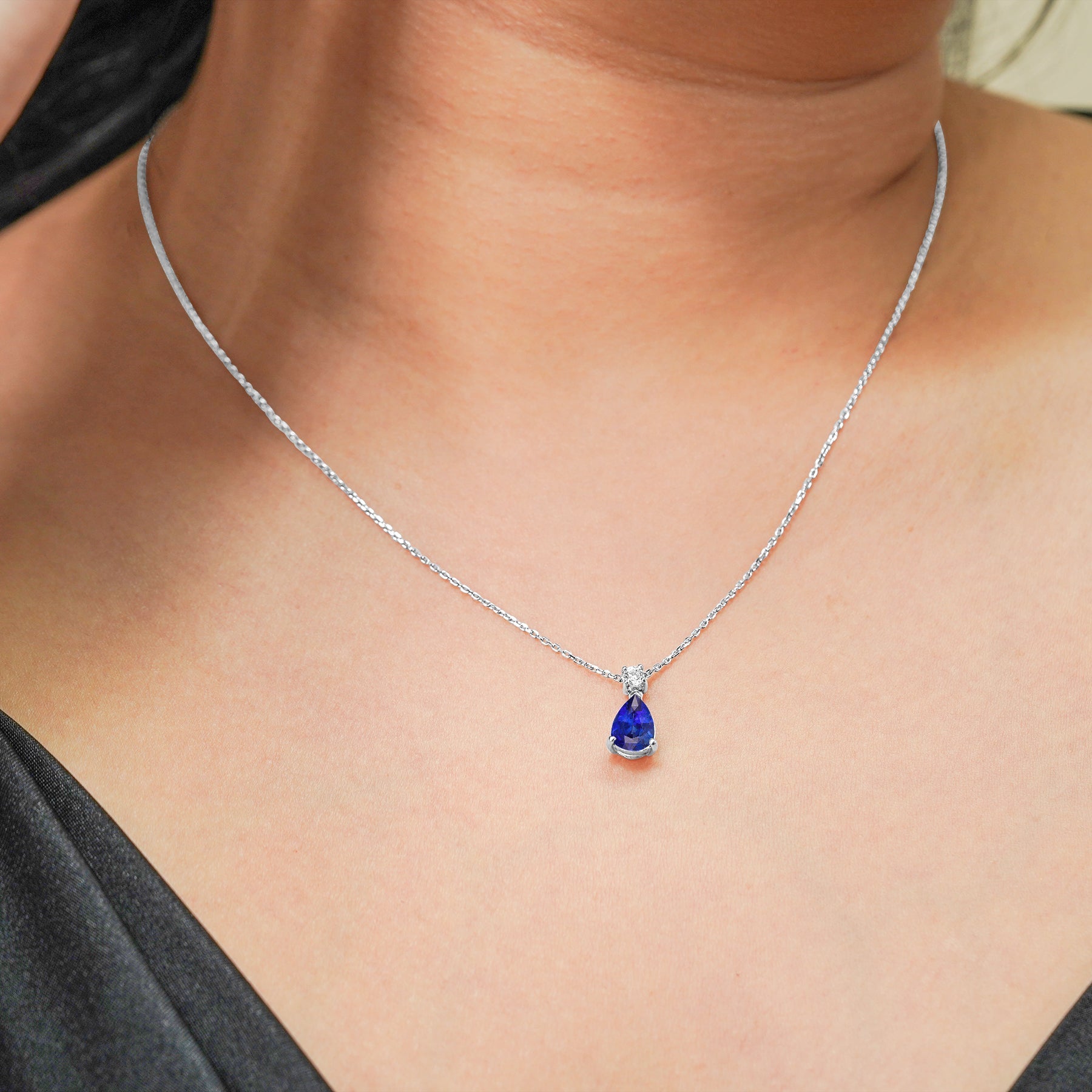 Classic 1.75 Carat Round and Pear Cut Dangle - SWAROVSKI Blue Sapphire - September Birthstone Pendant Necklace in 18k White Gold over Silver, Women