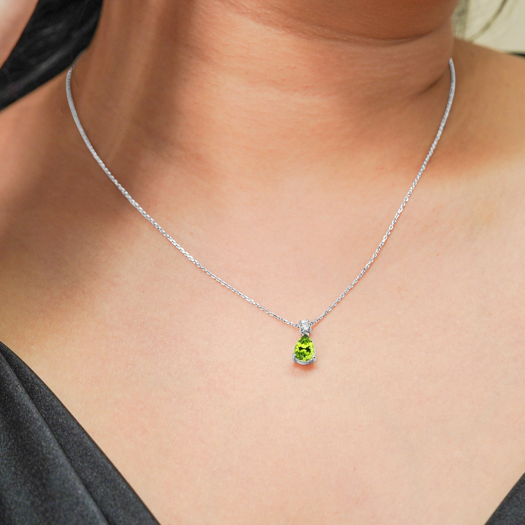 Classic 1.75 Carat Round and Pear Cut Dangle - SWAROVSKI Peridot - August Birthstone Pendant Necklace in 18k White Gold over Silver, Women