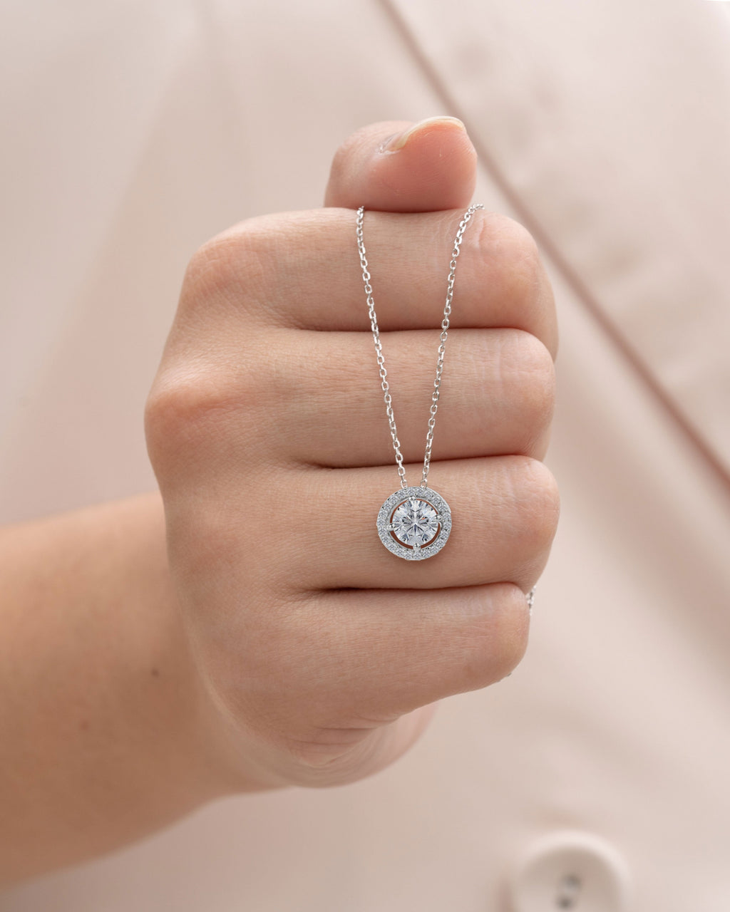 Solitaire 1 Carat Round Cut Real Moissanite Halo Pendant Necklace in 18k White Gold Over Silver