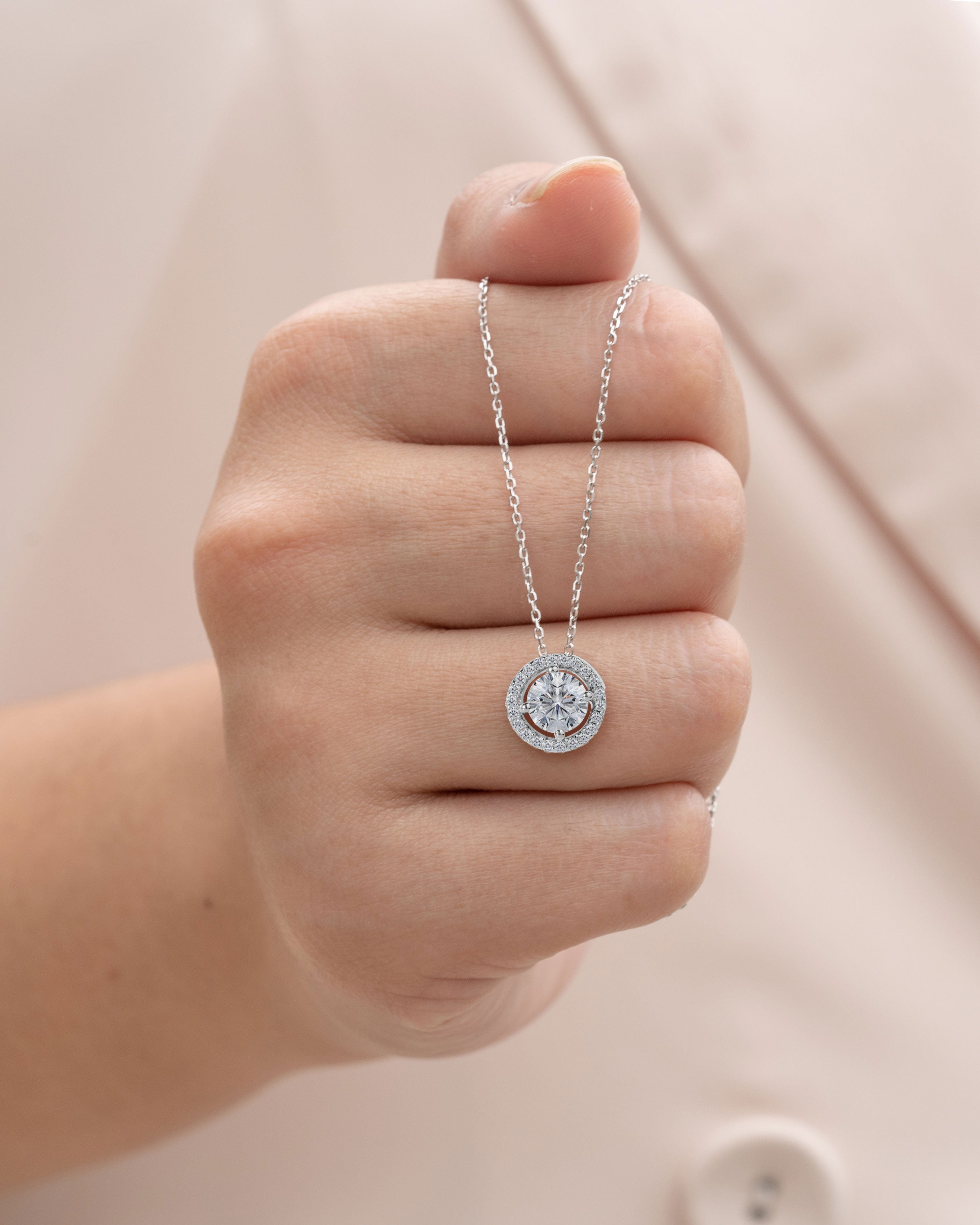 Solitaire 1 Carat Round Cut Real Moissanite Halo Pendant Necklace in 18k White Gold Over Silver