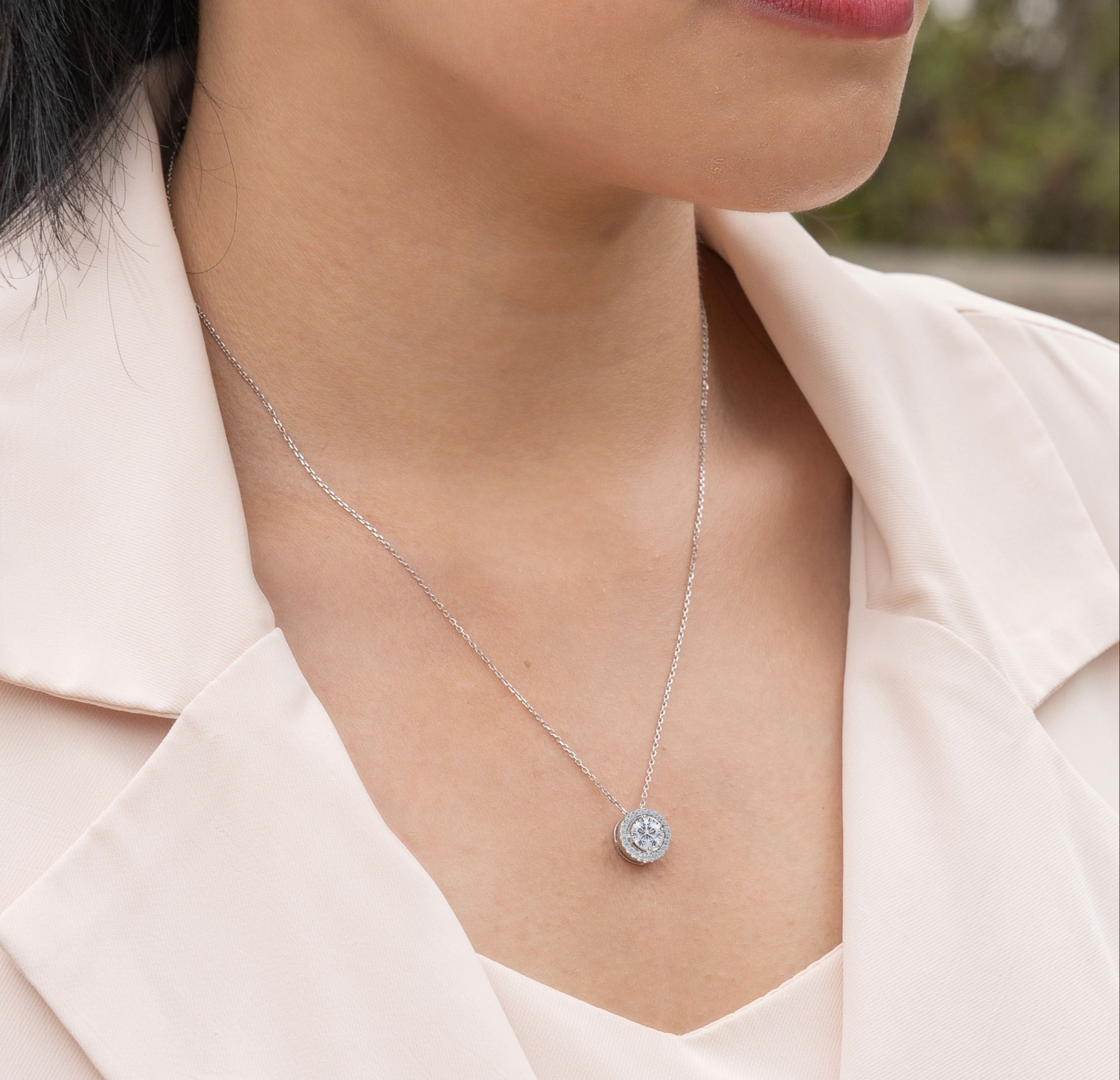 Solitaire 1 Carat Round Cut Real Moissanite Halo Pendant Necklace in 18k White Gold Over Silver