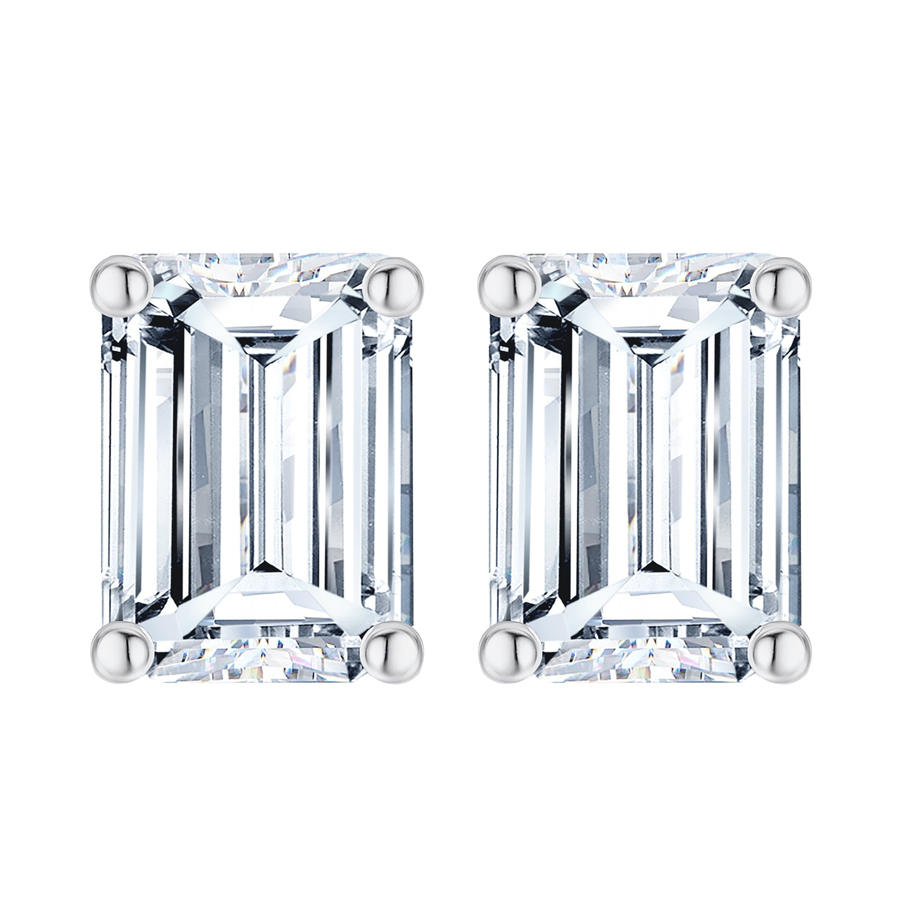 Minimalist 4 Carat Emerald Cut Moissanite Solitaire Stud Earrings In 18K White Gold Plating Over Silver