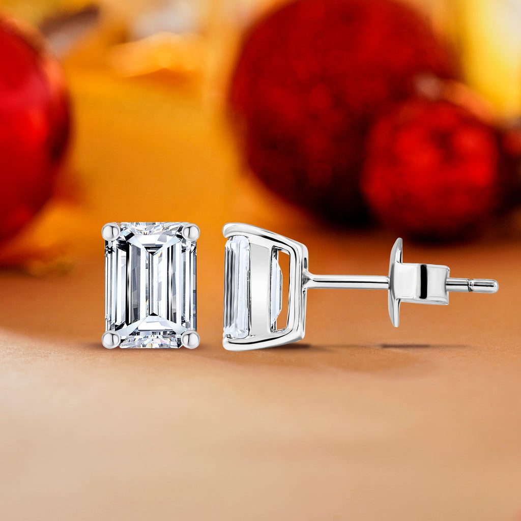 JeenMata Minimalist 1 Carat Emerald Cut Moissanite Solitaire Stud Earrings In 18K Rose Gold Plating Over Silver