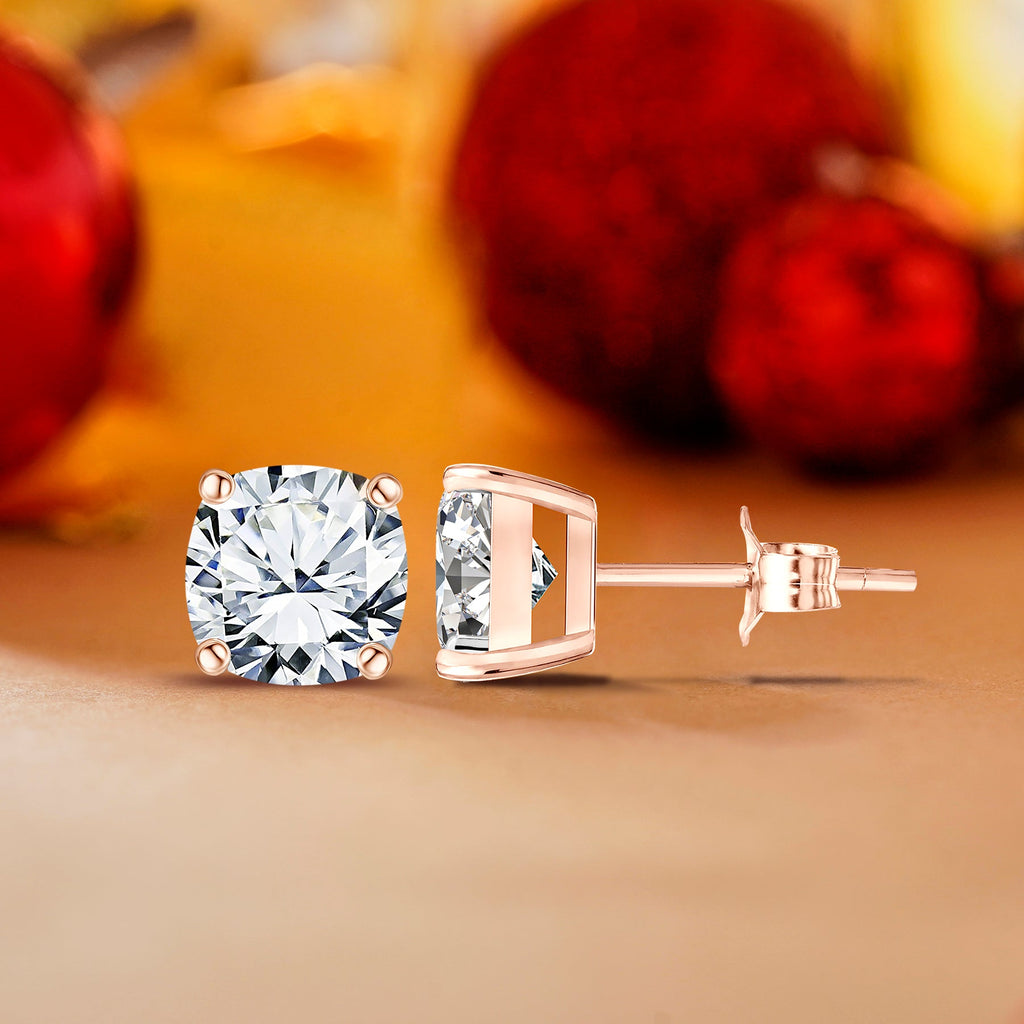 JeenMata 2 Carat Cushion Cut Moissanite 4 Prong Solitaire Stud Earrings in 18k Yellow Gold Plating for Women