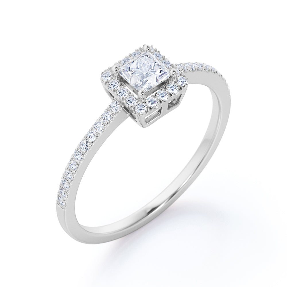 Pave 1 Carat Princess Cut Moissanite Halo Engagement Ring