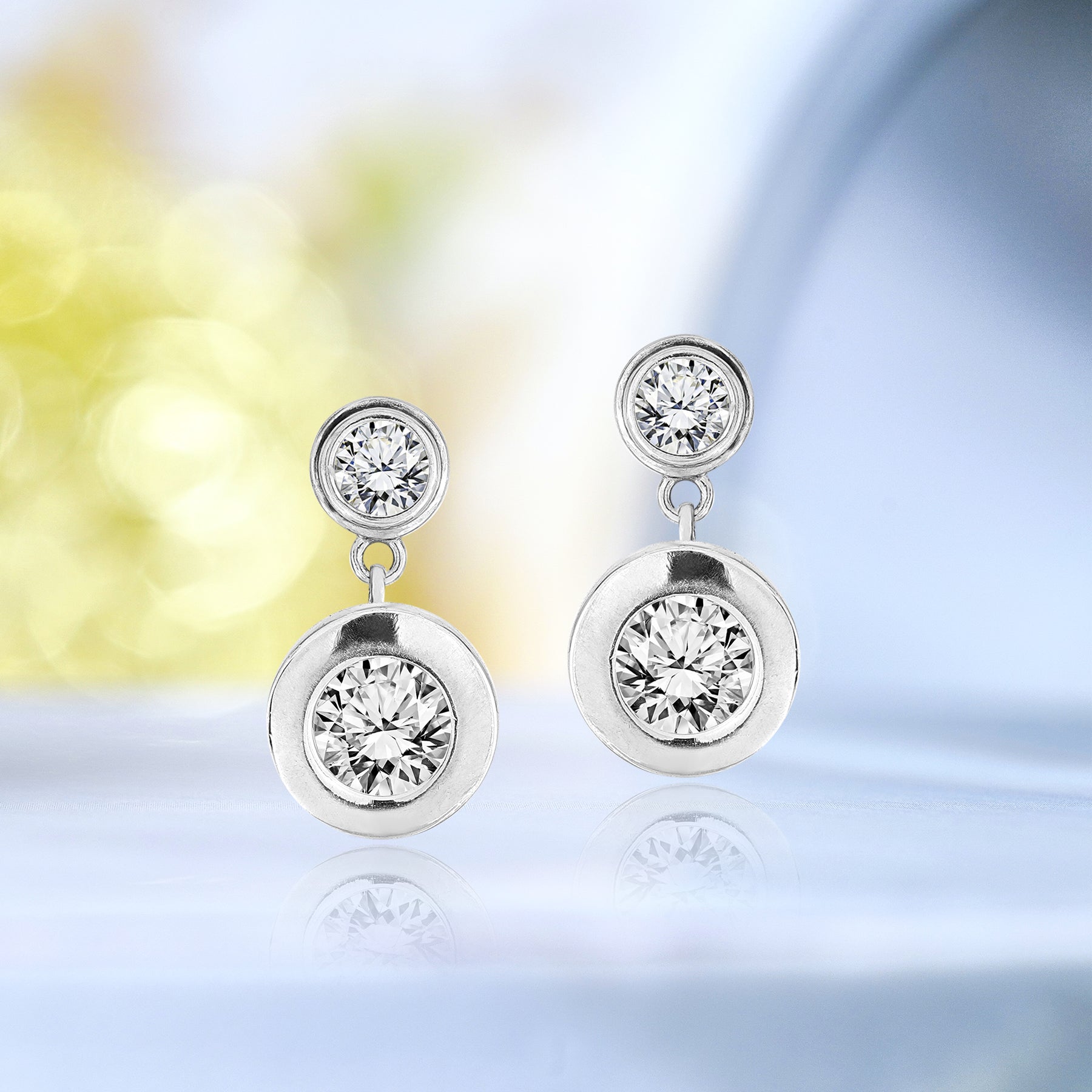Sparkling 2.5 Carat Double Round Cut Stone - Bezel Set - Women's Dangle Earrings in Silver