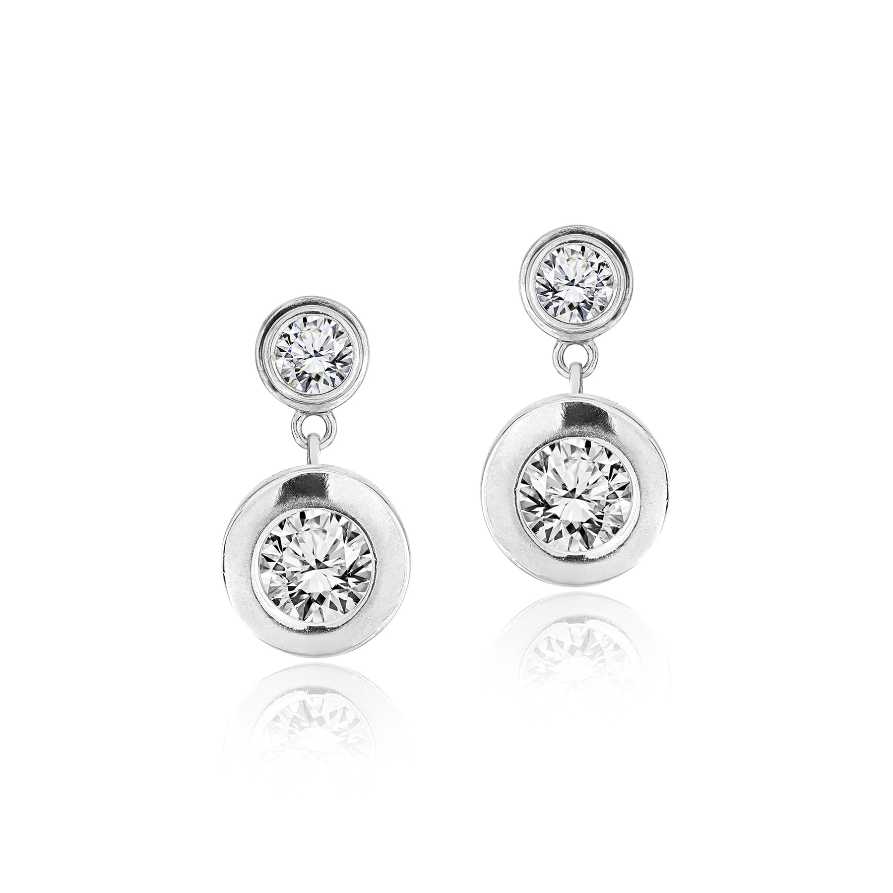 Sparkling 2.5 Carat Double Round Cut Stone - Bezel Set - Women's Dangle Earrings in Silver