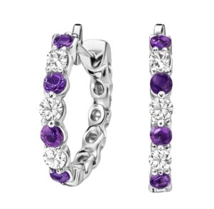 JeenMata 2 Carat February Birthstone - Amethyst & Cubic Zirconia Hoop Earrings - Multicolor Birthstone Earrings in 18K White Gold Plating for Women