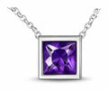 JeenMata 3.3 Carat February - Amethyst Birthstone Princess Cut Bezel Set Pendant Necklace - in 18K White Gold Plating for Women