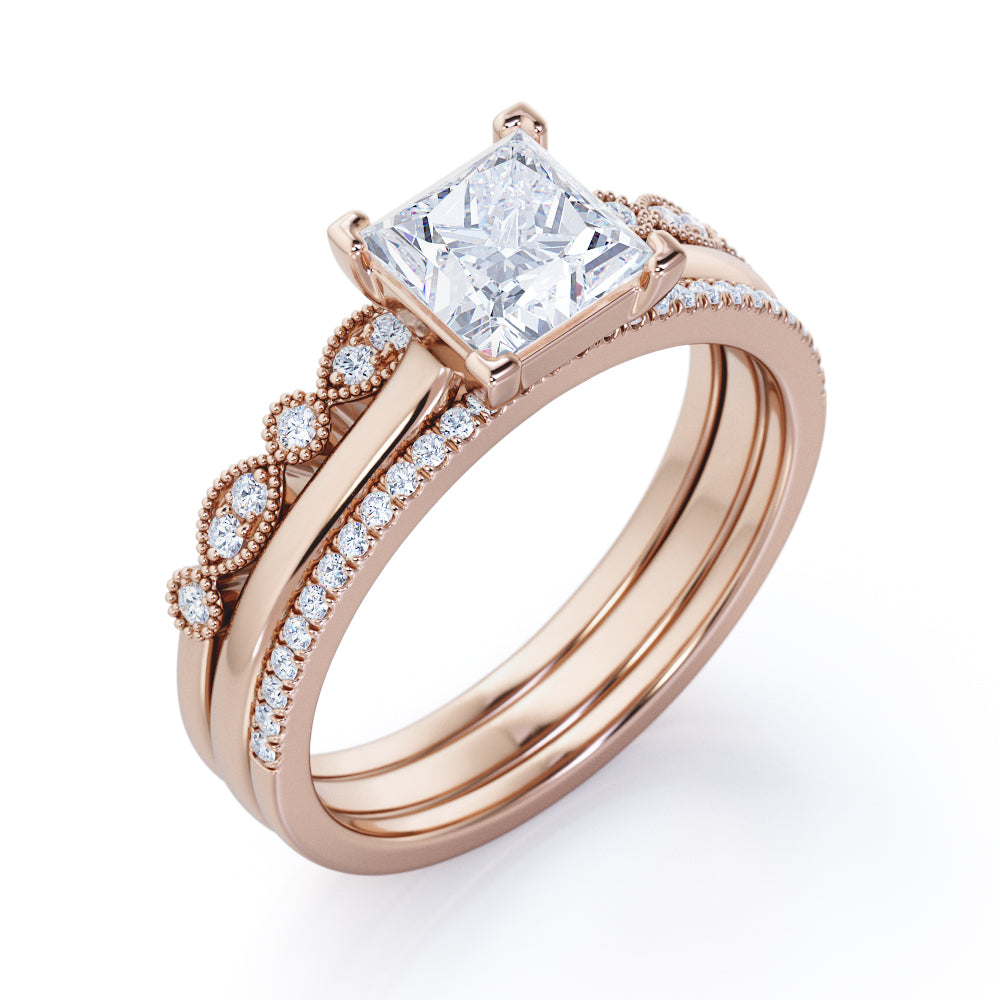JeenMata 3.25 Carat Princess Wedding Ring Set - Bridal Set - Wedding Trio Set - Engagement Ring - Art Deco Ring - Promise Ring - Sterling Silver