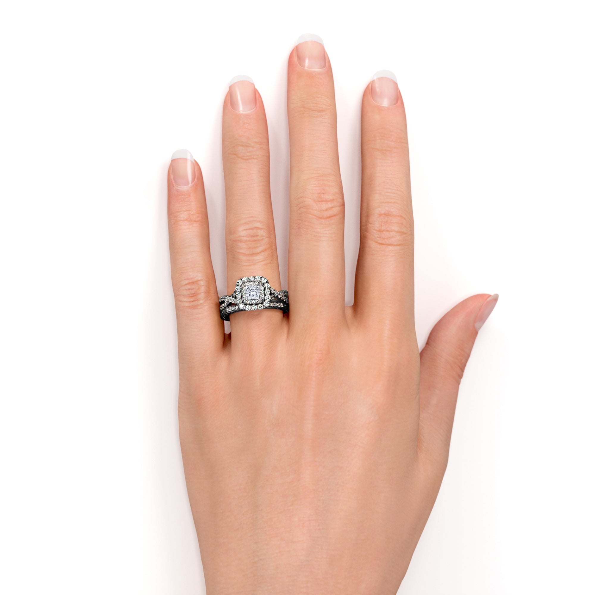 1.25 ct - Square Moissanite - Double Halo - Twisted Band - Vintage Inspired - Pave - Wedding Ring Set