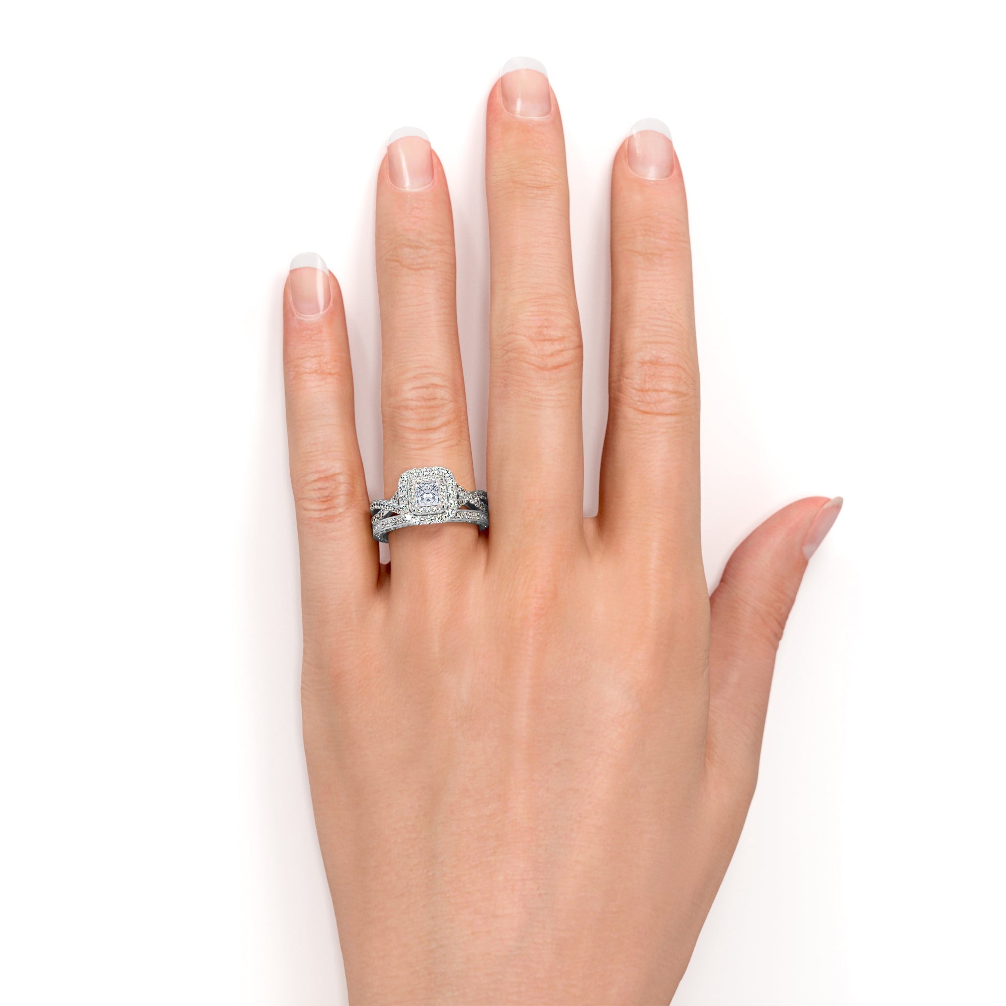 JeenMata Square Diamond - Double Halo - Twisted Band - Vintage Inspired - Pave - Wedding Ring Set in 10K Rose Gold