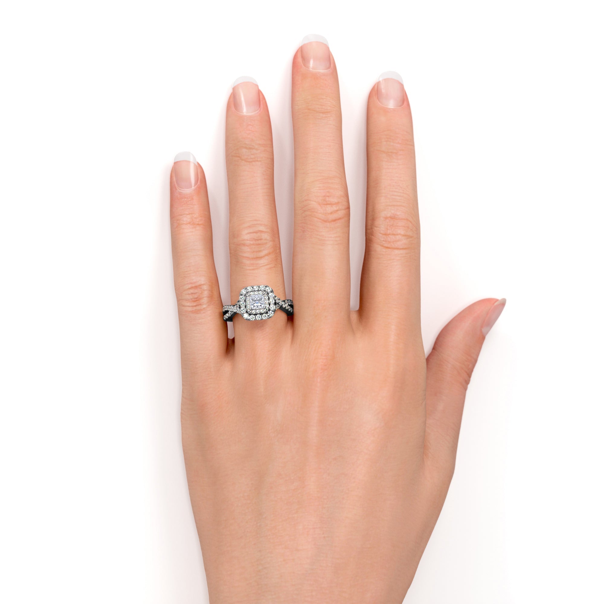 0.50 Carat - Square Cut Diamond - Twisted Band - Pave - Double Halo Engagement Ring - 10K White Gold