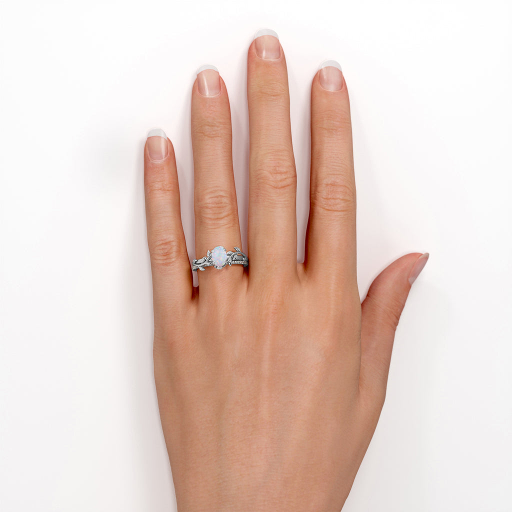 JeenMata Prong Setting 1.5 Carat Ovate Rainbow Opal and Moissanite Leaf Design Wedding Ring Set in 18K Black Gold Plating over Silver