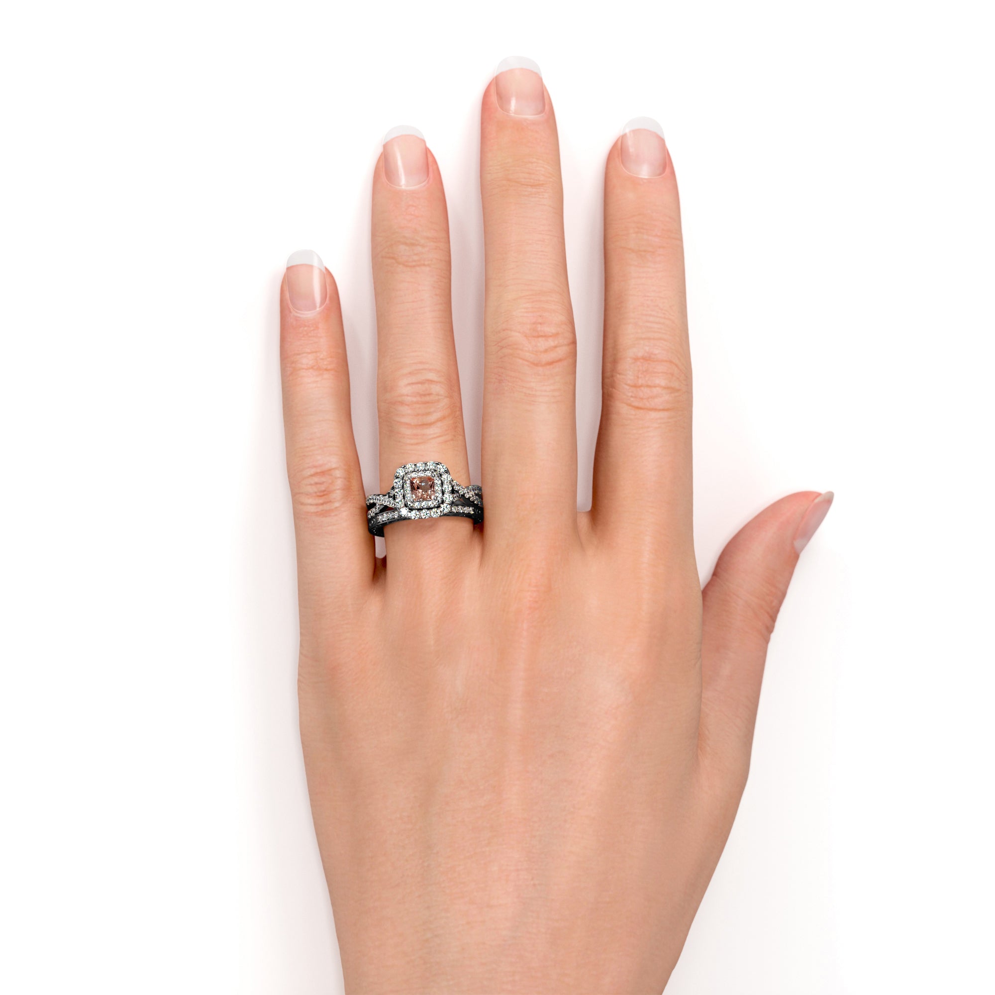 JeenMata 1.25 CT - Princess Cut - Champagne created morganite - Double Halo - Twisted Band - Vintage Inspired - Wedding Ring Set in 18K Rose Gold over Silver