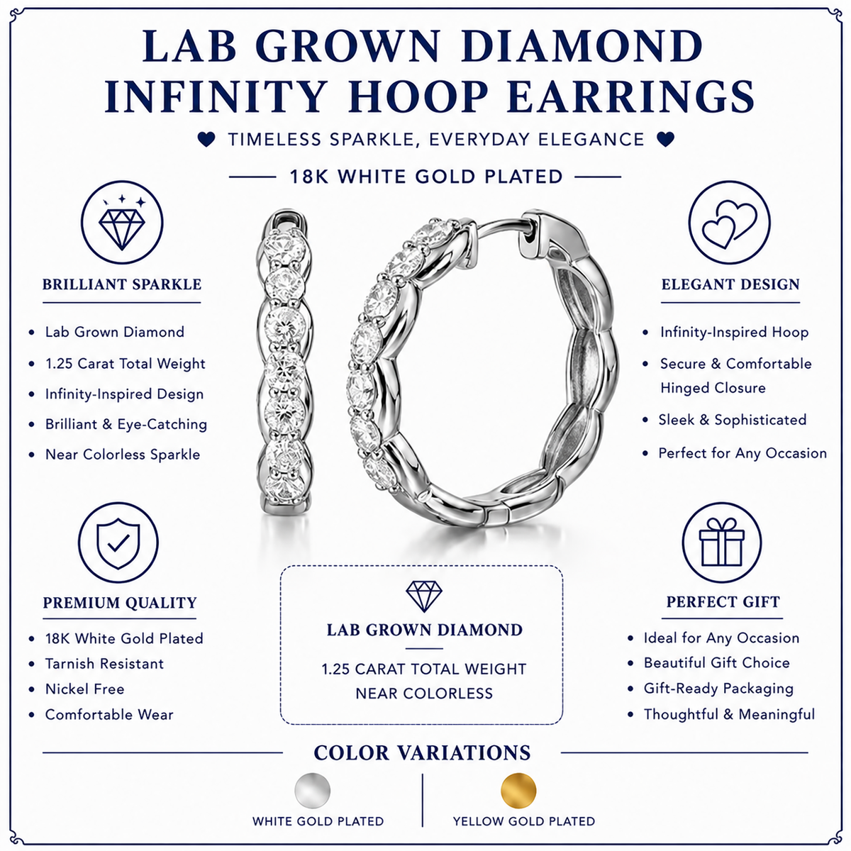 JeenMata Lab Grown Diamond 1.25 Carat Infinity-Inspired Hoop Earrings in 18K White Gold Plating for Women