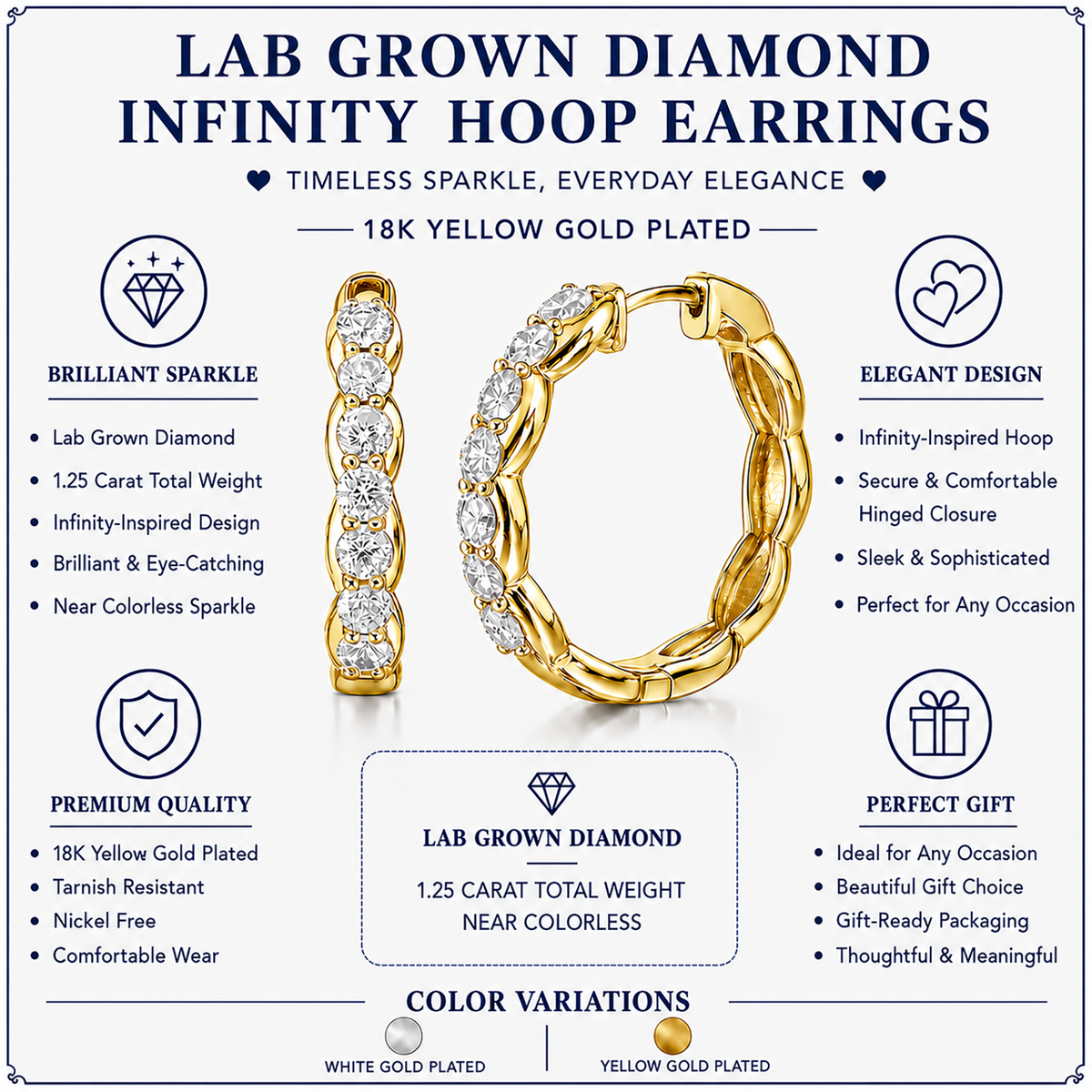 JeenMata Lab Grown Diamond 1.25 Carat Infinity-Inspired Hoop Earrings in 18K Yellow Gold Plating for Women