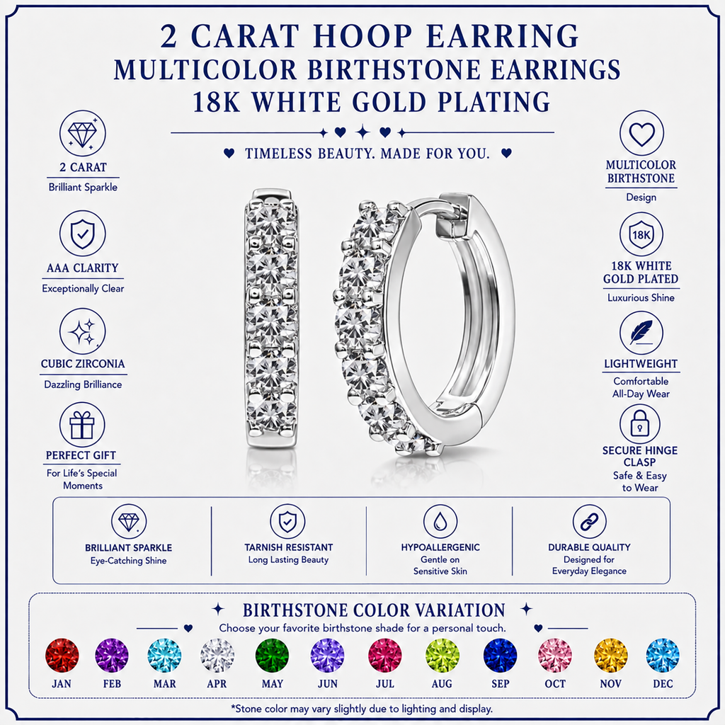 JeenMata 2 Carat December Birthstone - Blue Topaz & Cubic Zirconia Hoop Earrings - Multicolor Birthstone Earrings in 18K White Gold Plating for Women
