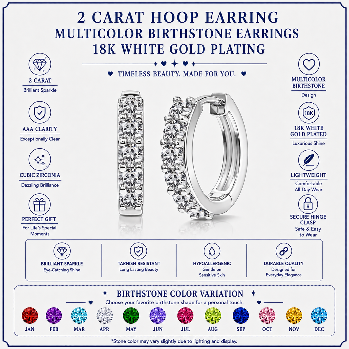 JeenMata 2 Carat December Birthstone - Blue Topaz & Cubic Zirconia Hoop Earrings - Multicolor Birthstone Earrings in 18K White Gold Plating for Women