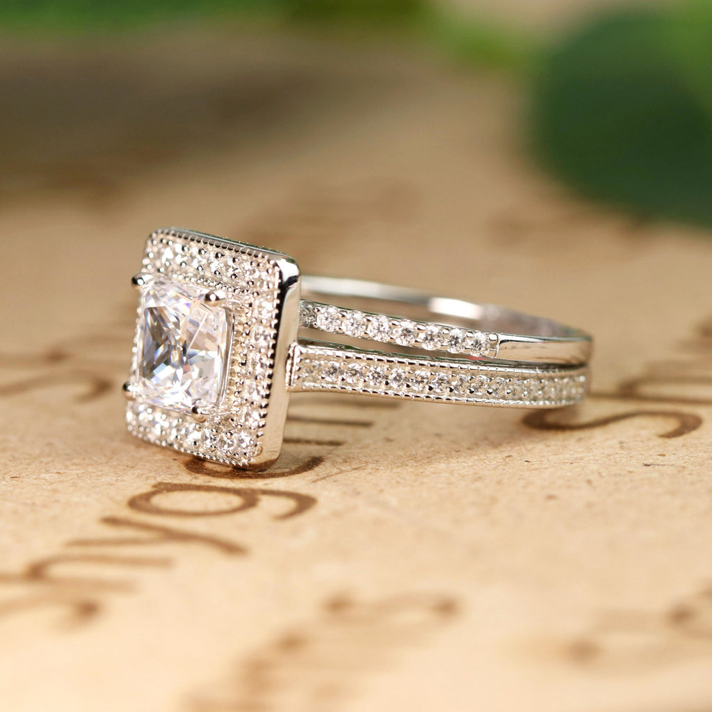 Vintage 1 Carat Princess Cut Moissanite Milgrain Bridal Set