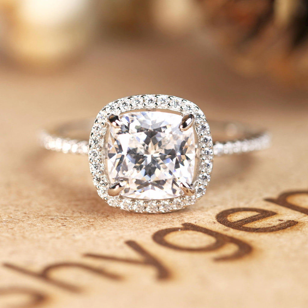 1.25 Carat Cushion Cut Moissanite Halo Engagement Ring Set