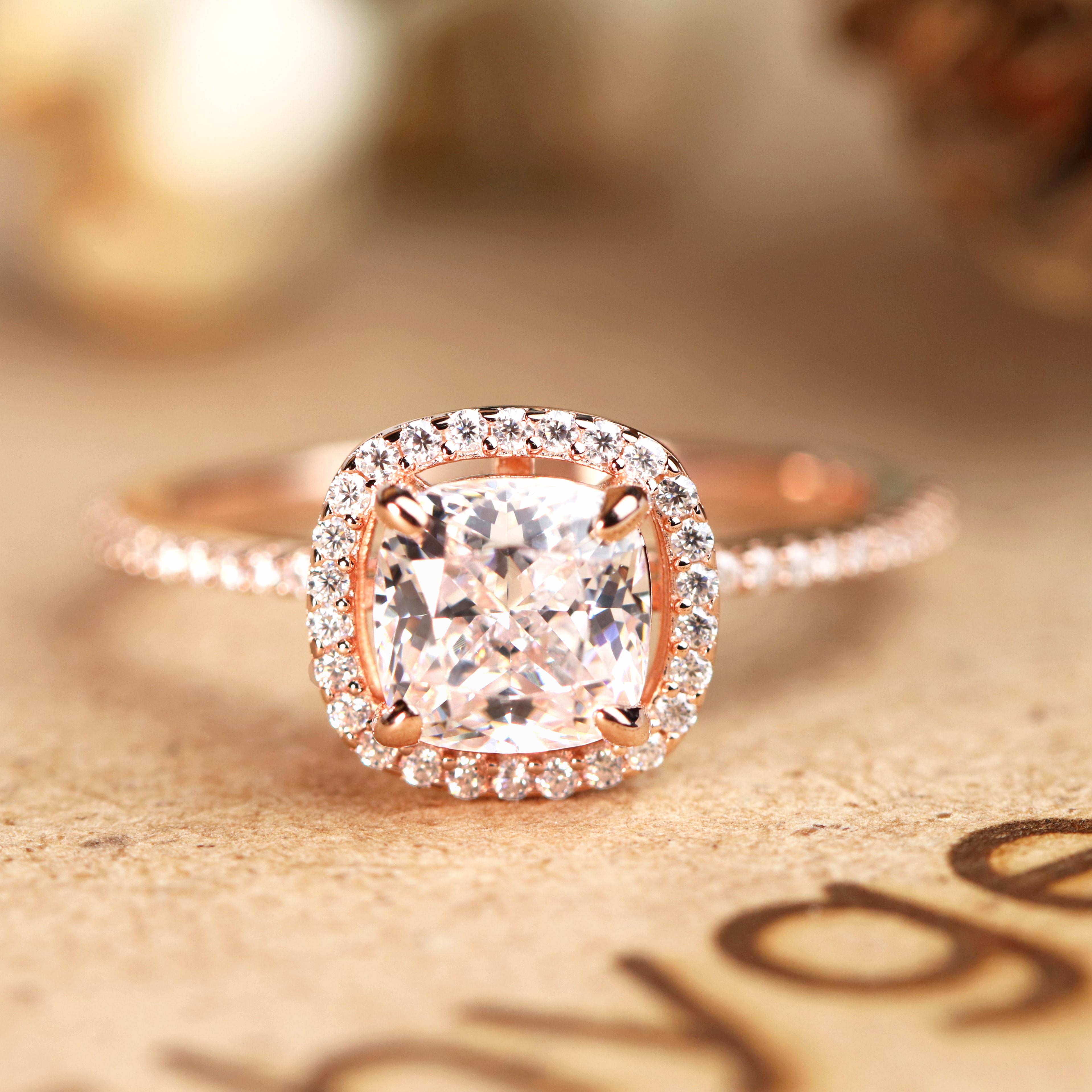 1.25 Carat Cushion Cut Moissanite Halo Engagement Ring Set