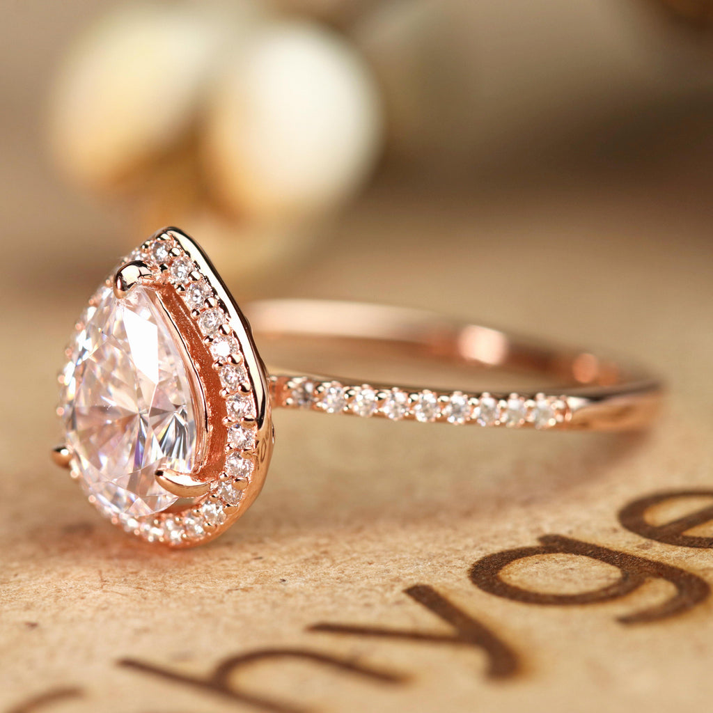 Halo 1.50 Carat Pear Cut Moissanite Engagement Ring Set