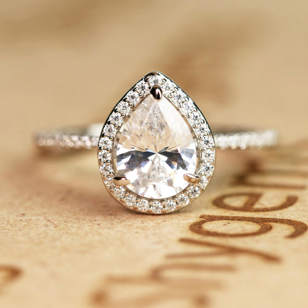Halo 1.50 Carat Pear Cut Moissanite Engagement Ring Set
