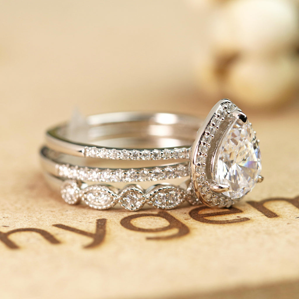 Pave 2 Carat Pear Cut Moissanite Halo Trio Set