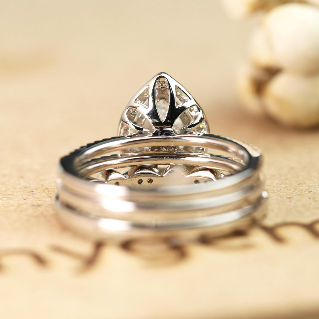 Pave 2 Carat Pear Cut Moissanite Halo Trio Set