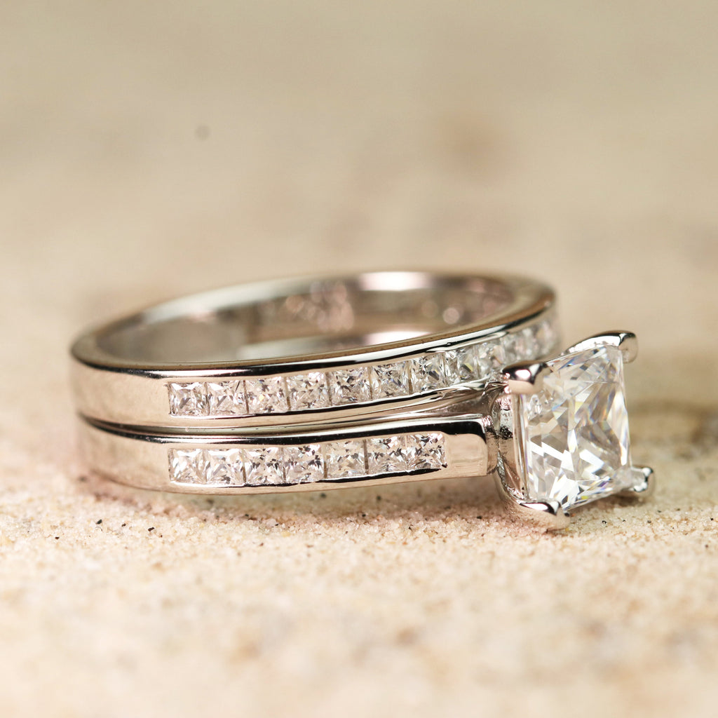 JeenMata 1 Carat Princess Cut Moissanite Wedding Set - Bridal Set - Engagement Ring - Channel Set Ring - Cluster Ring - 18k White Gold Plated for Women