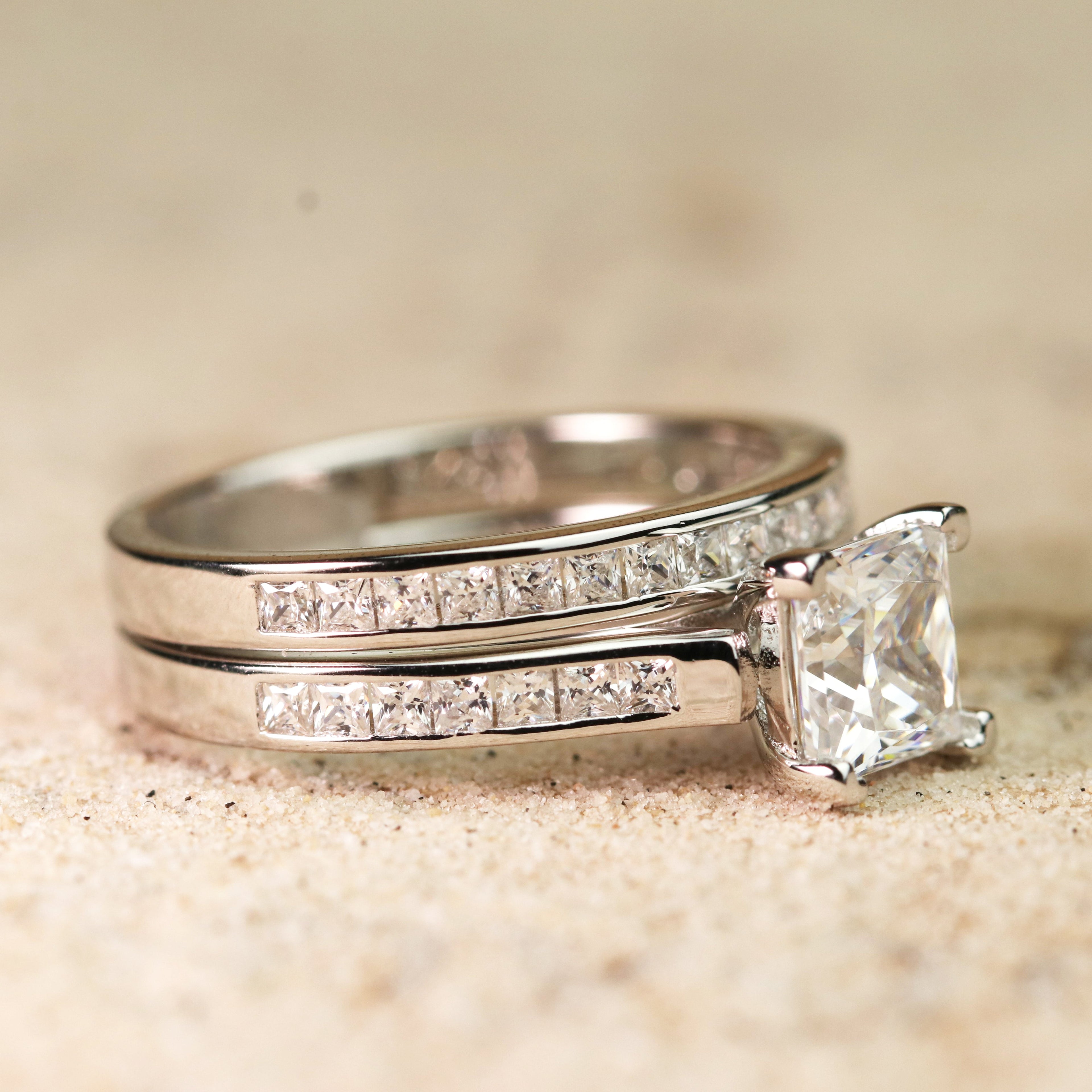 JeenMata 1 Carat Princess Cut Moissanite Wedding Set - Bridal Set - Engagement Ring - Channel Set Ring - Cluster Ring - 18k White Gold Plated for Women