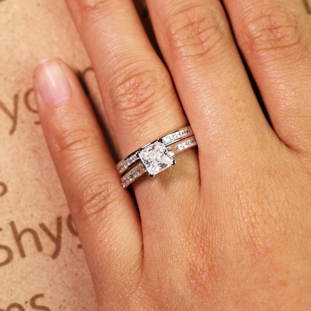 JeenMata 1 Carat Princess Cut Moissanite Wedding Set - Bridal Set - Engagement Ring - Channel Set Ring - Cluster Ring - 18k White Gold Plated for Women