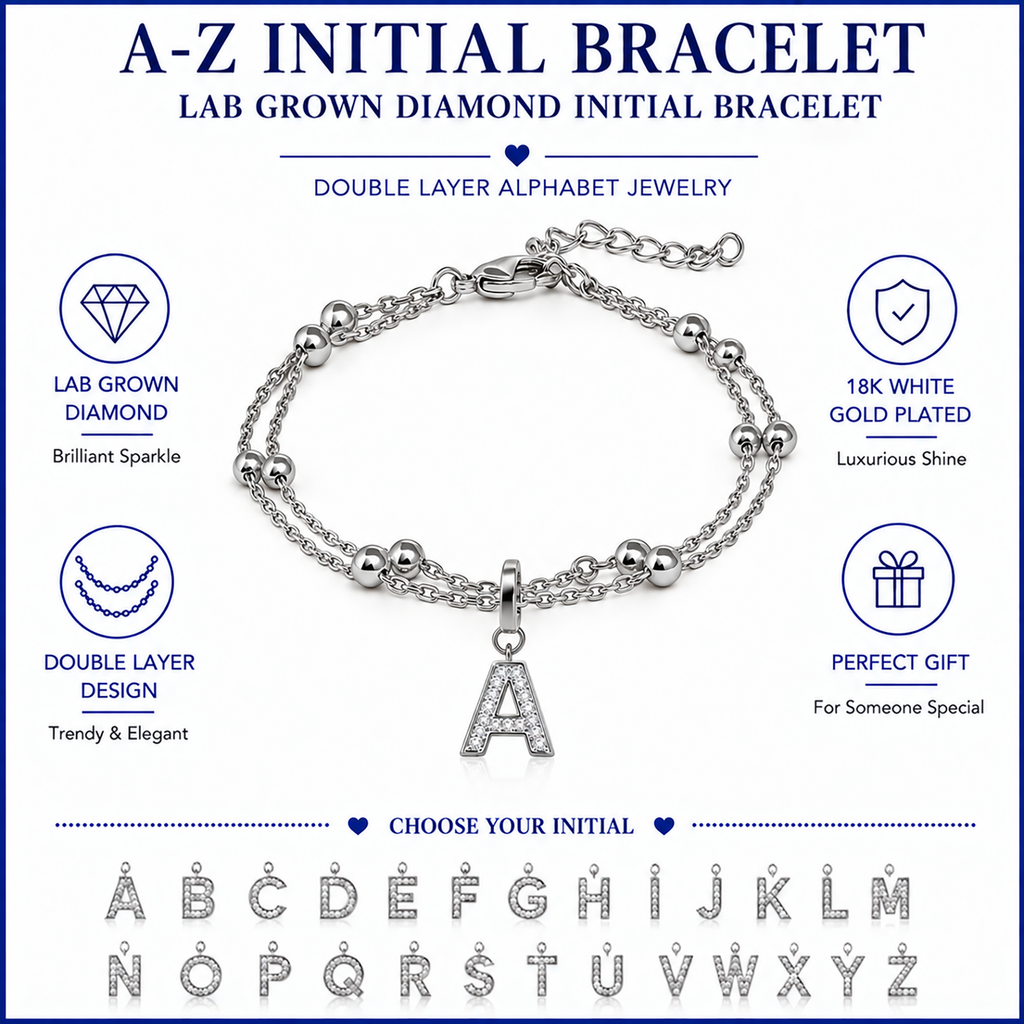 JeenMata Lab Grown Diamond Initial "A" Letter Bracelets - Double Layer Alphabet Jewelry Bracelet - 18K White Gold Plating for Women Jewelry