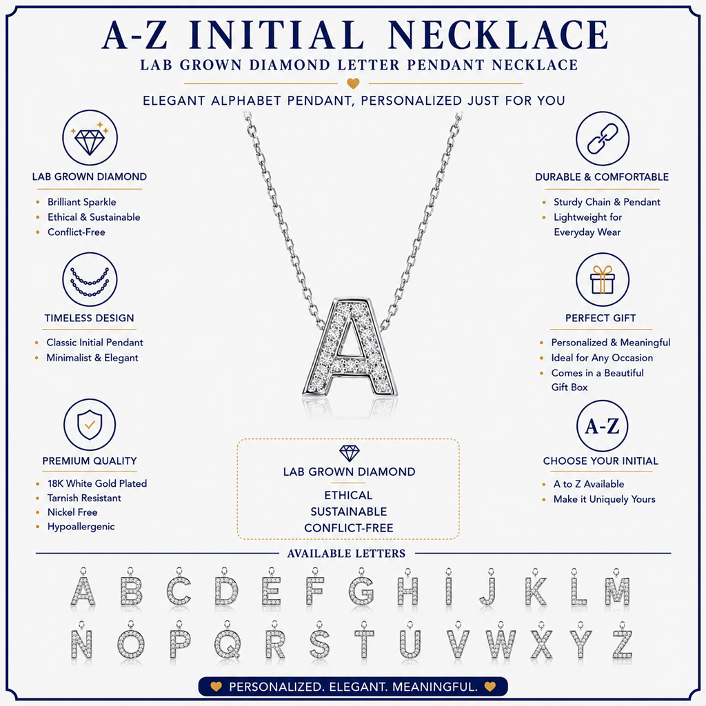 JeenMata Lab Grown Diamond Initial “A” Letter Necklaces - Elegant Alphabet Pendant Necklace Gift - 18K White Gold Plating Jewelry for Women