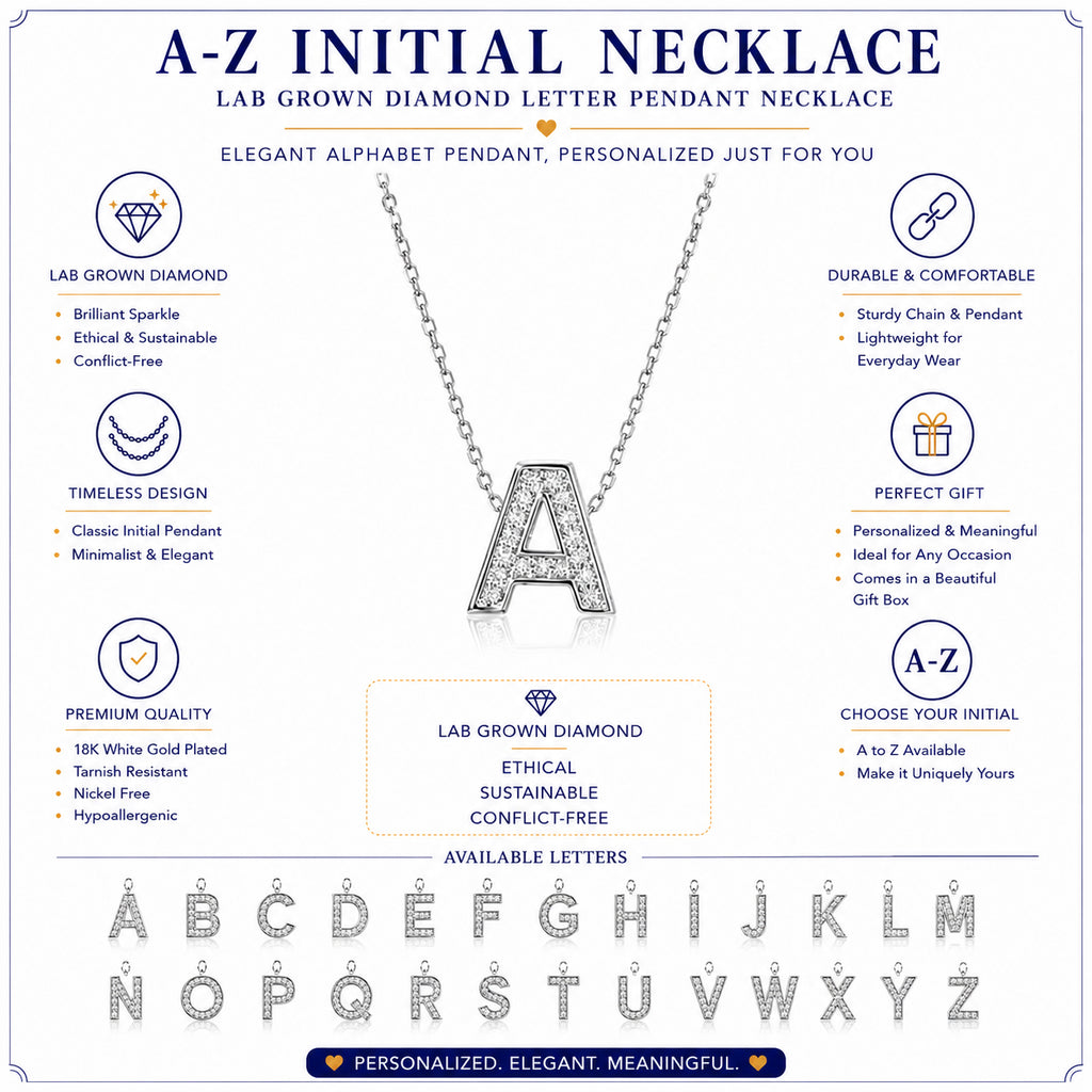 JeenMata Lab Grown Diamond Initial “A” Letter Necklace – Elegant Alphabet Pendant Gift – 18K White Gold Plating for Women