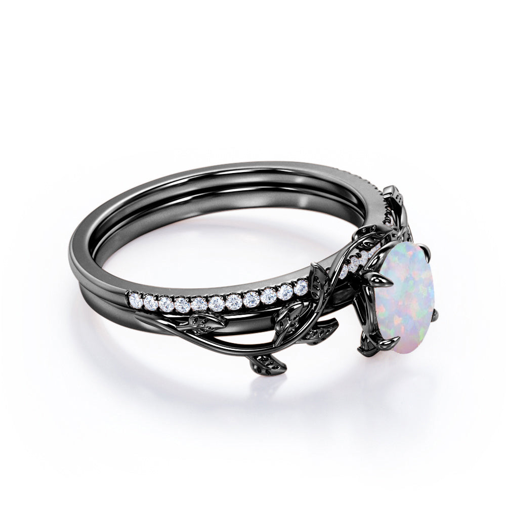 JeenMata Prong Setting 1.5 Carat Ovate Rainbow Opal and Moissanite Leaf Design Wedding Ring Set in 18K Black Gold Plating over Silver