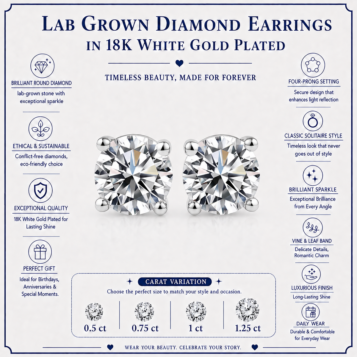 JeenMata Lab Grown Diamond Earrings 0.75 Carat Round Cut 18K White Gold Plated Solitaire Studs for Women