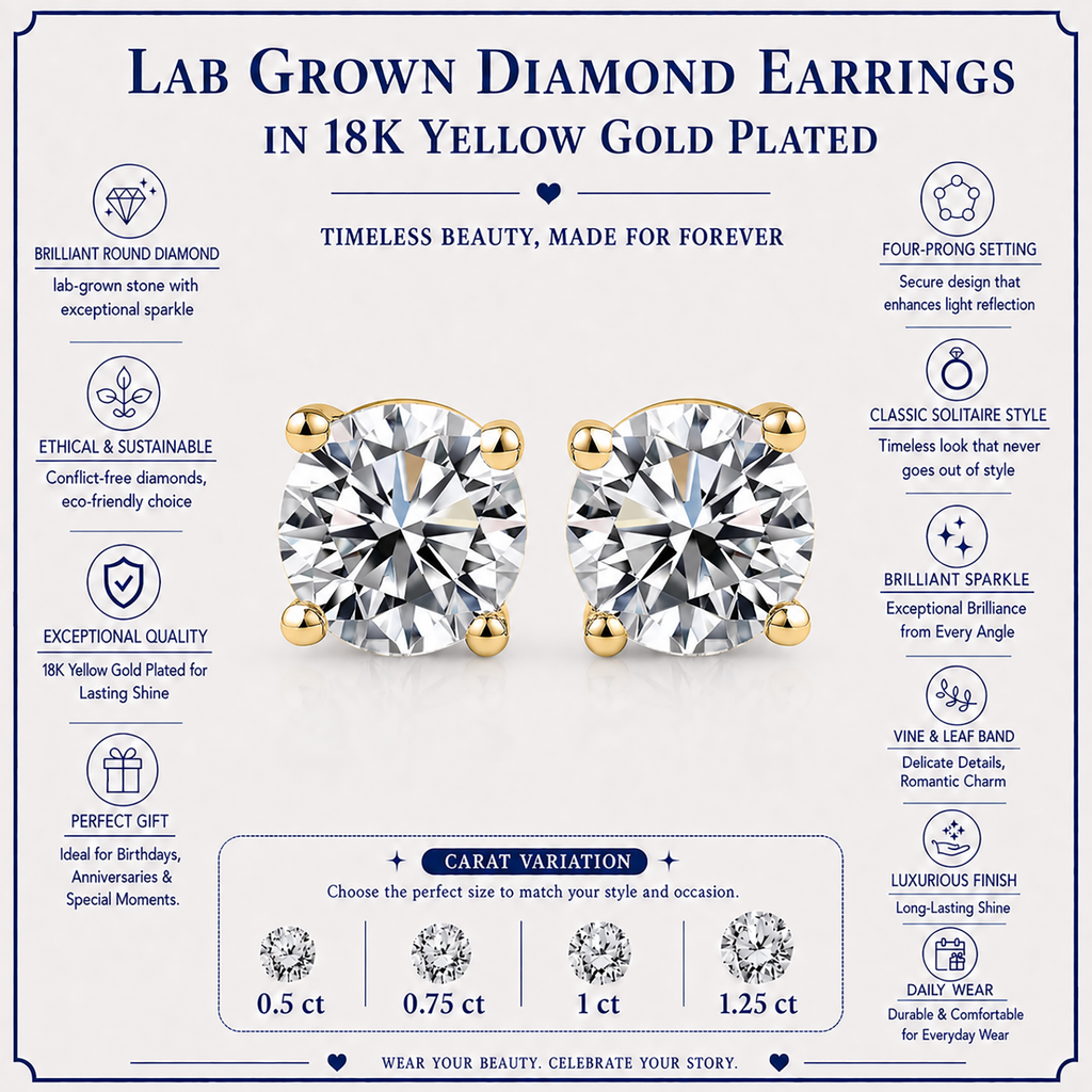 JeenMata Lab Grown Diamond Earrings 1.25 Carat Round Cut 18K Yellow Gold Plated Solitaire Studs for Women