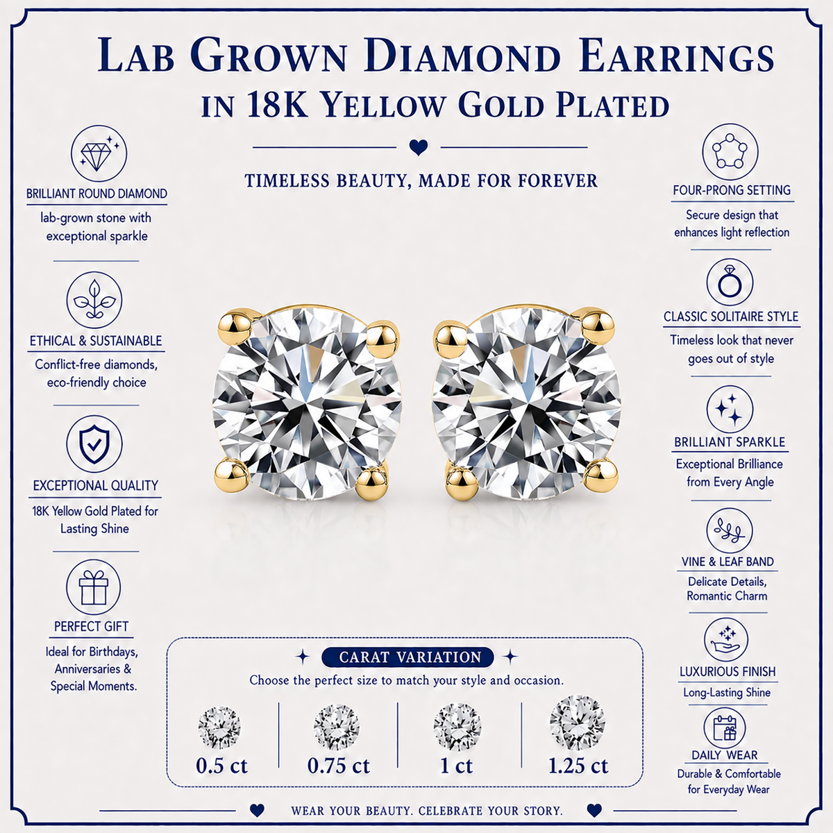 JeenMata Lab Grown Diamond Earrings 1 Carat Round Cut 18K Yellow Gold Plated Solitaire Studs for Women