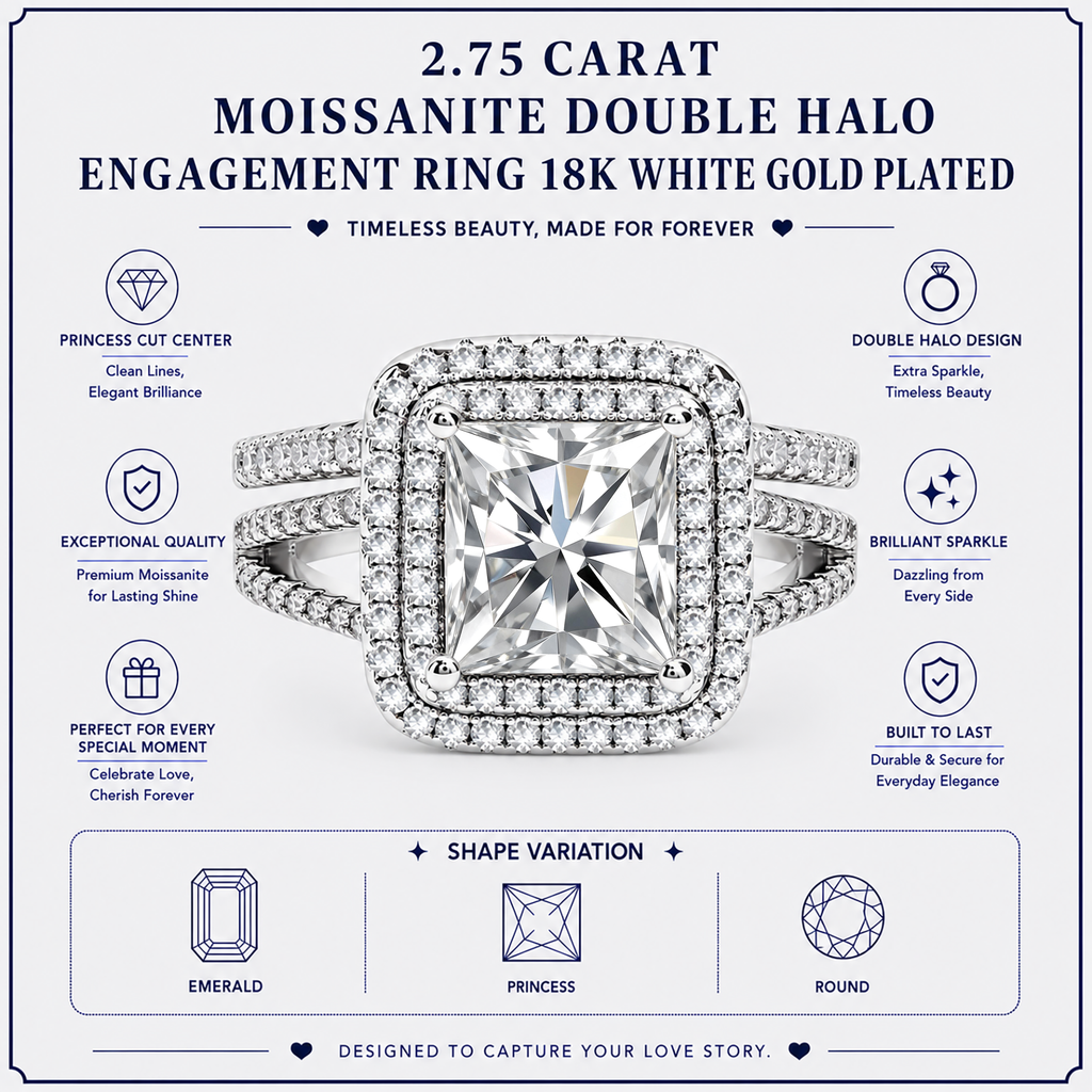 JeenMata 2.75 Carat Princess Cut Moissanite Double Halo Split Shank Engagement Ring Set in 18K White Gold Plated for Women