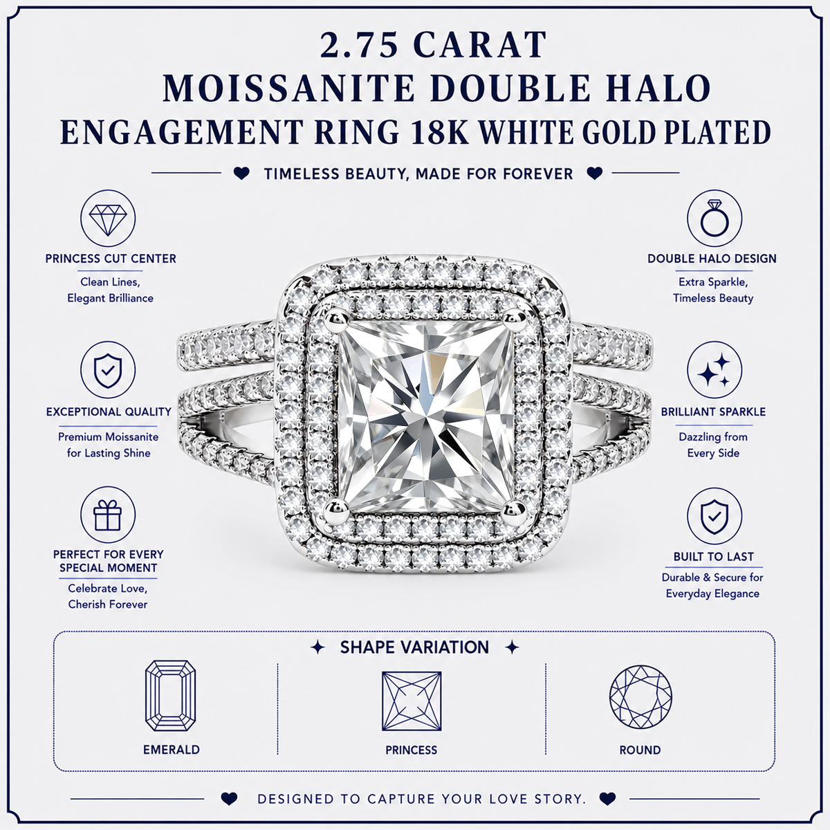 JeenMata 2.75 Carat Princess Cut Moissanite Double Halo Split Shank Engagement Ring Set in 18K White Gold Plated for Women