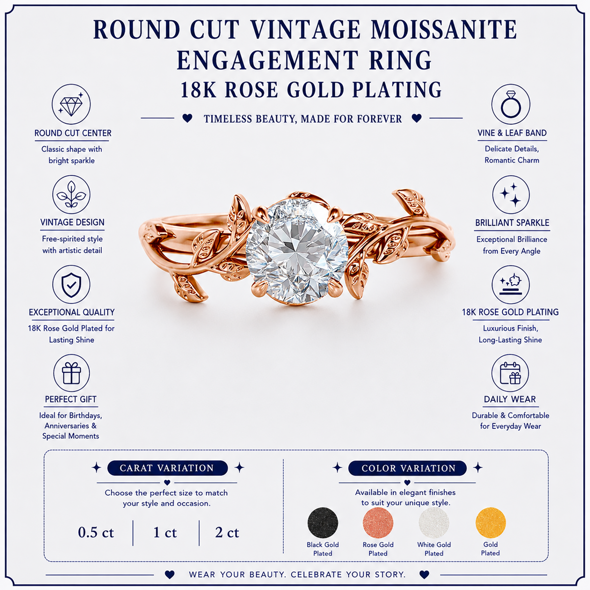 JeenMata 2 Carat Round Cut Moissanite Bohemian Engagement Ring - Vintage Moissanite Promise Ring - 18K Rose Gold Plating for Women