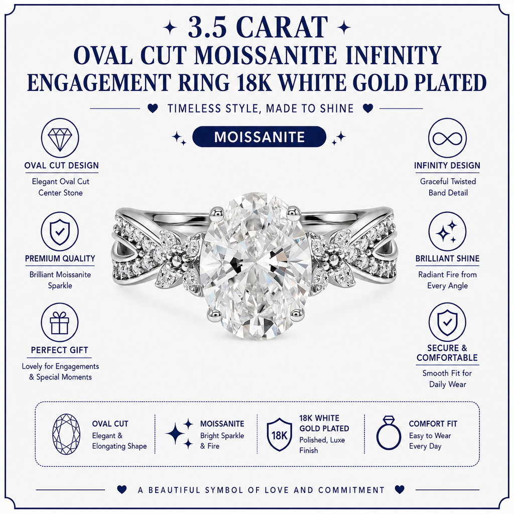JeenMata 3.5 Carat Oval Cut Moissanite - Butterfly Infinity Engagement Ring in 18K White Gold Plating for Women