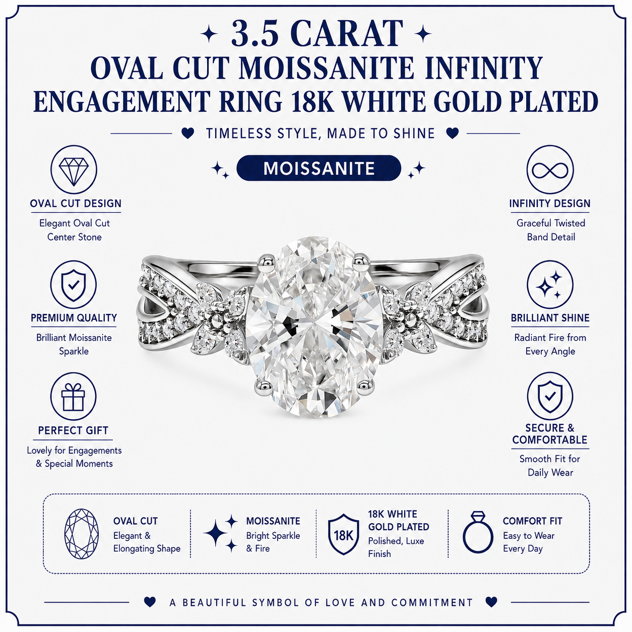 JeenMata 3.5 Carat Oval Cut Moissanite - Butterfly Infinity Engagement Ring in 18K White Gold Plating for Women
